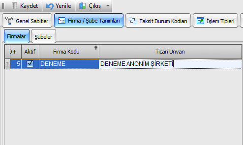 Firma ve Şube Tanımları